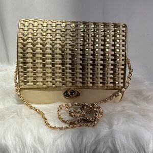 Cream Woven Chain Strap Shoulder Bag Gold Trim Flap Closure Evening Bag